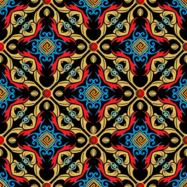 Colorido patrón inconsútil vector barroco. Clave griega meandros ornamento. Fondo abstracto de gofre floral Damasco. Vintage brillante estilo victoriano adornado patrones barrocos. Formas geométricas, elementos — Vector de stock