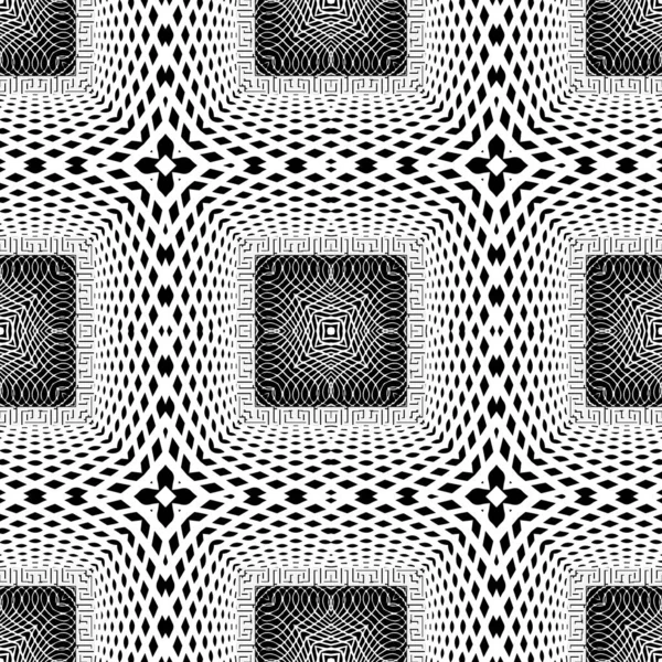 Grid black and white 3d vector seamless pattern. Surface optical — 스톡 벡터