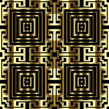 Gold 3d greek vector seamless pattern. Squares, stripes, lines o