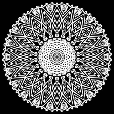 Çizgili geometrik zigzag mandalas deseni. Siyah ve beyaz abst