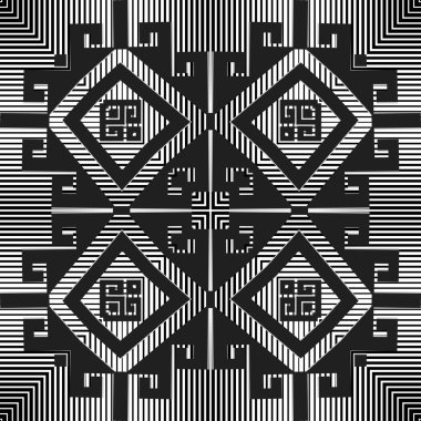 3D siyah ve beyaz çizgili yarım tonlu kusursuz desen. Kabile karesi.