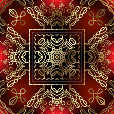 Klasik altın kaligrafik kıvrımlar 3D vektör pürüzsüz desen. Parlak