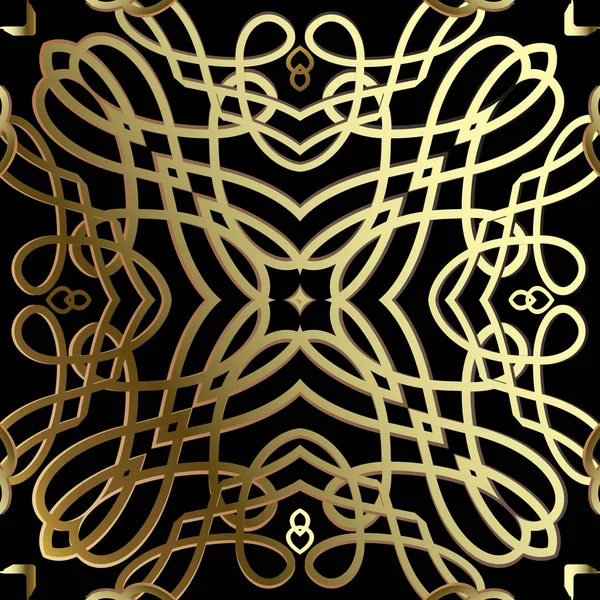 Gold 3d calligraphic 3d line art seamless pattern. Black ornamen — 스톡 벡터