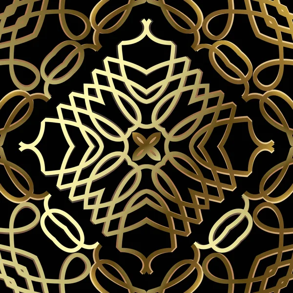 ゴールド3D書道3Dラインアートシームレスパターン。黒の装飾 — ストックベクタ