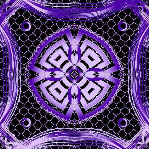 Violet greek 3d vector seamless pattern. Modern geometric grid background. Frames, lines, shapes. Greek key meanders lacy mandala ornaments. Tribal ethnic abstract ornamental design. Lace backdrop — 스톡 벡터