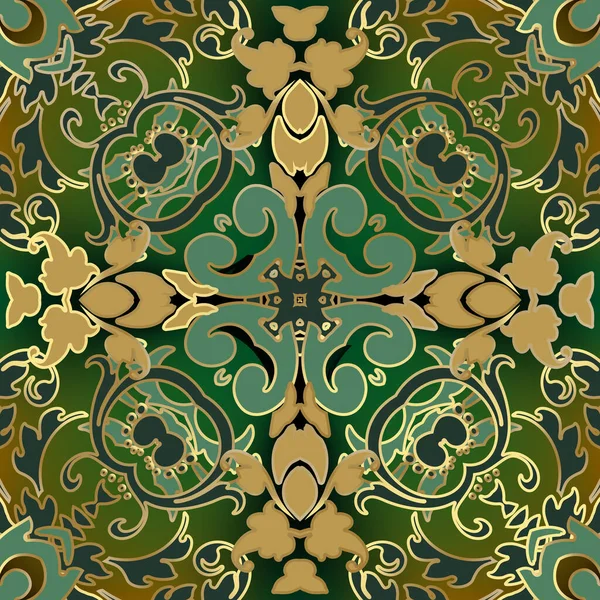 バロック様式のシームレスパターン。ベクトル華やかなパターンの花の背景。アンティークスタイルのダマスクの背景を繰り返します。ヴィンテージの緑の葉、花。バロックビクトリア朝の古いスタイルの装飾。エレガントな緑豊かなデザイン — ストックベクタ