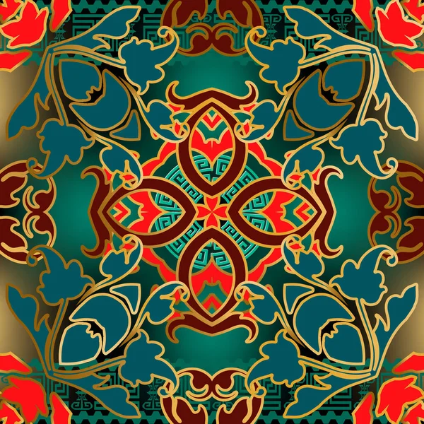 Barroco vector colorido patrón sin costura. Fronteras griegas de estilo étnico tribal. Ronda griega meandros clave mandala. Vintage floral barroco estilo victoriano ornamentos con flores, hojas, formas geométricas — Archivo Imágenes Vectoriales