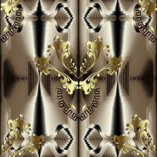 Oro floral de lujo 3d vector patrón sin costura. Fondo grunge texturizado abstracto. Repite decorado telón de fondo. Clave griega meandros adorno con flores doradas, hojas. Hermoso diseño elegante moderno — Archivo Imágenes Vectoriales