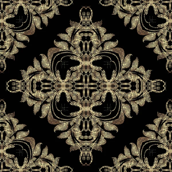 Getextureerde luxe barokke 3d naadloos patroon, Vector grunge achtergrond. Moderne herhaling grungy sierlijke achtergrond. Gouden bloemen koninklijke ornamenten met getextureerde vintage bloemen, bladeren, wervelingen, lijnen, vormen — Stockvector