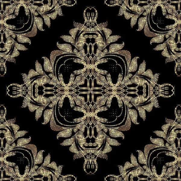 Texturizado de luxo barroco 3d sem costura padrão, fundo grunge Vector. Repetição moderna pano de fundo ornamentado grungy. Ouro ornamentos reais florais com flores texturizadas vintage, folhas, redemoinhos, linhas, formas — Vetor de Stock