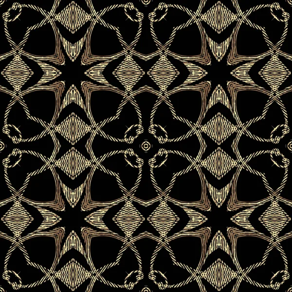 Texturizado padrão arabesco 3D sem costura de ouro, fundo ornamental Vector grunge. Repetição moderna pano de fundo grungy. Ornamento floral vintage dourado com flores texturizadas, folhas, redemoinhos, linhas, formas — Vetor de Stock