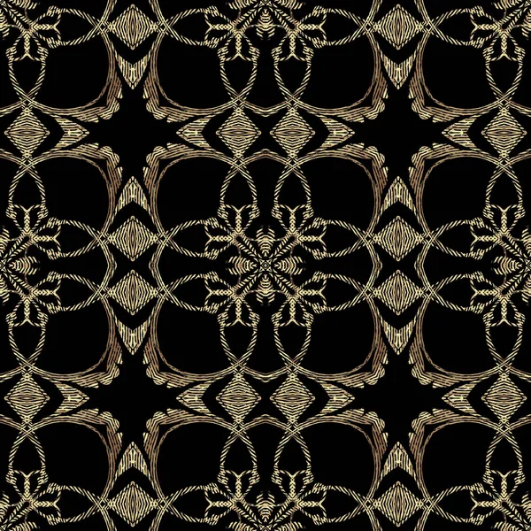 Textured guld arabesk 3d sømløse mønster, Vector grunge ornamental baggrund. Moderne gentagelse grungy kulisse. Golden vintage blomster ornament med teksturerede blomster, blade, hvirvler, linjer, figurer – Stock-vektor