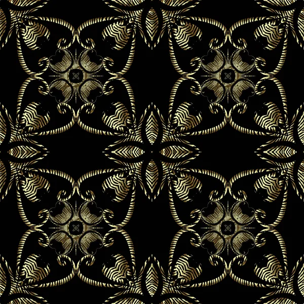 Texturizado padrão arabesco 3D sem costura de ouro, fundo ornamental Vector grunge. Repetição moderna pano de fundo grungy. Ornamento floral vintage dourado com flores texturizadas, folhas, redemoinhos, linhas, formas —  Vetores de Stock