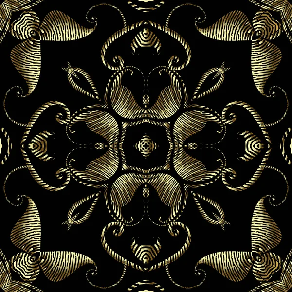 Texturerat guld vintage 3d sömlös mönster, Vector grunge barock bakgrund. Modern upprepning grungy utsmyckade bakgrund. Gyllene blommor kungliga prydnader med strukturerade blommor, blad, virvlar, linjer, former — Stock vektor