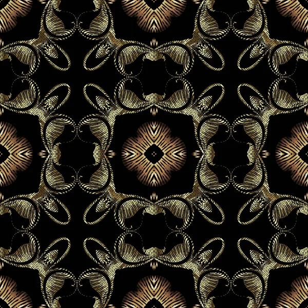 Bordado de ouro texturizado estilo 3d padrão sem costura, fundo ornamental grunge Vector. Moderno pano de fundo tapeçaria repetição. Ornamento floral vintage dourado com flores texturizadas, folhas, formas de geometria —  Vetores de Stock