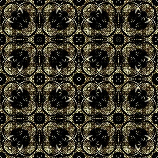 Texturizado oro floral 3d vector patrón sin costuras. Grunge fondo tapiz ornamental. Estilo étnico abstracto decorativo reoeat fondo. Flores doradas, líneas, formas. Sucia textura sin fin — Archivo Imágenes Vectoriales