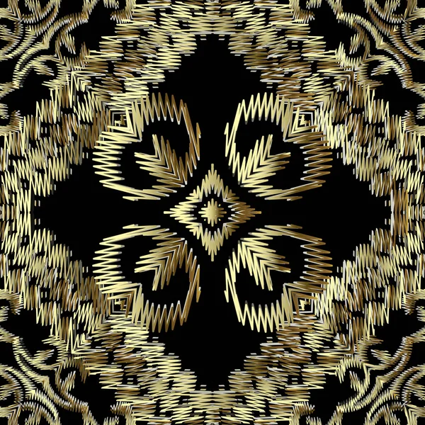 Tapiz de oro de estilo barroco patrón sin costuras. Bordado fondo vectorial ornamental. Damasco grunge vintage flores doradas, formas. Patrón de tela texturizada. Alfombra bordada estampada adornos — Vector de stock