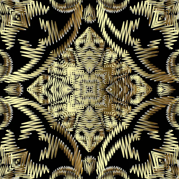 Гобелен золотой барокко 3d бесшовный узор. Вышивка декоративный векторный фон. Дамаск гранж винтажные золотые цветы, формы. Текстурированная ткань. Вышитые узорчатые ковровые украшения — стоковый вектор