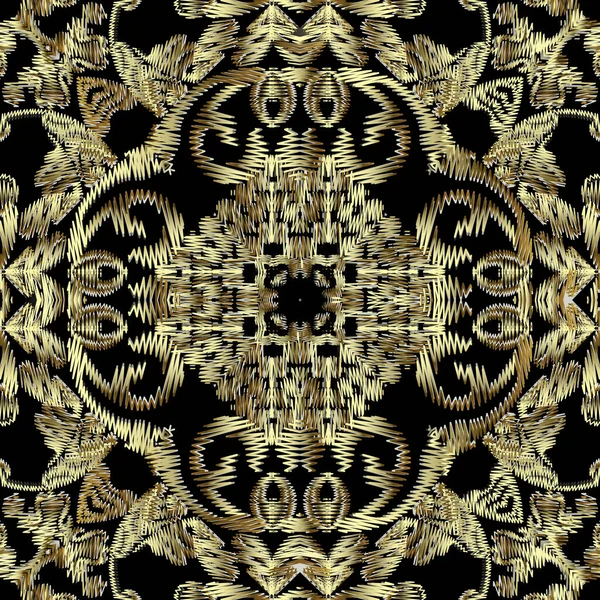 Tapiz de oro barroco 3d patrón sin costuras. Bordado fondo vectorial ornamental. Damasco grunge vintage flores doradas, formas. Patrón de tela texturizada. Alfombra bordada estampada adornos — Archivo Imágenes Vectoriales