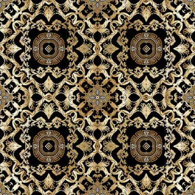 Barok 3d vintage vektör dikişsiz desen. Çiçeksel süs Yunan geçmişi. Geometrik tekrar arkaplanı. Modern Yunan anahtarı, altın sarısı süs. Çember çerçeveler, mandalalar, şekiller, çiçekler, yapraklar
