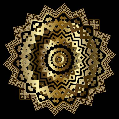 Zigzag altın 3d Yunan vektör mandala deseni. Lüks dekoratif modern arka plan. Yunan anahtarcılar zik zag süsü süsler. Daireleri, şekilleri, çizgileri olan geometrik dekoratif altın yüzey tasarımı