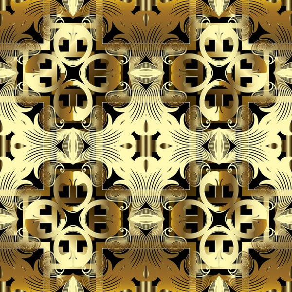 Gold Paisley 3d grecki styl wektor bezszwowy wzór. Ozdobione luksusowe ozdobne współczesne tło. Powtórz tło geometryczne. Kwiaciarnia vintage ozdoba z kwiatów paisley, greckie kluczowe meandry, kształty — Wektor stockowy