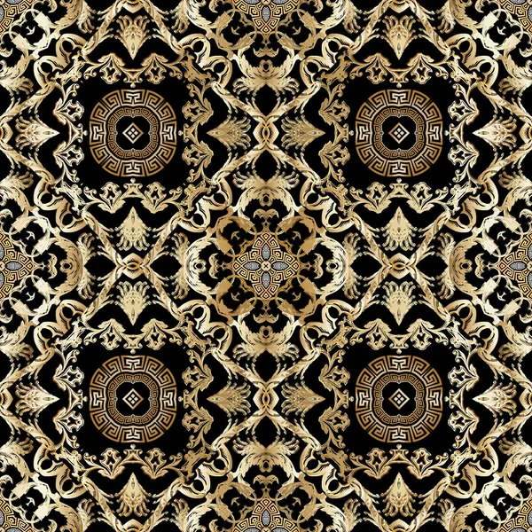 Barock 3d vintage vektor sömlöst mönster. Blommig prydnad grekisk bakgrund. Geometrisk upprepning. Modern grekisk nyckel meander gyllene prydnad. Cirkelramar, mandalas, former, blommor, blad — Stock vektor