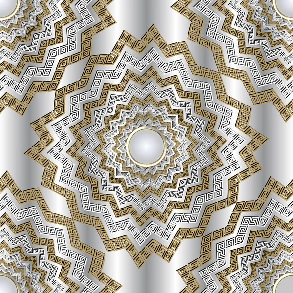 Zigzag 3d vecteur grec mandalas motif sans couture. Bijoux fond blanc ornemental. Clé grecque serpente zig zag ornement. Design géométrique avec pierres précieuses, formes, lignes en zigzag. Texture de surface — Image vectorielle