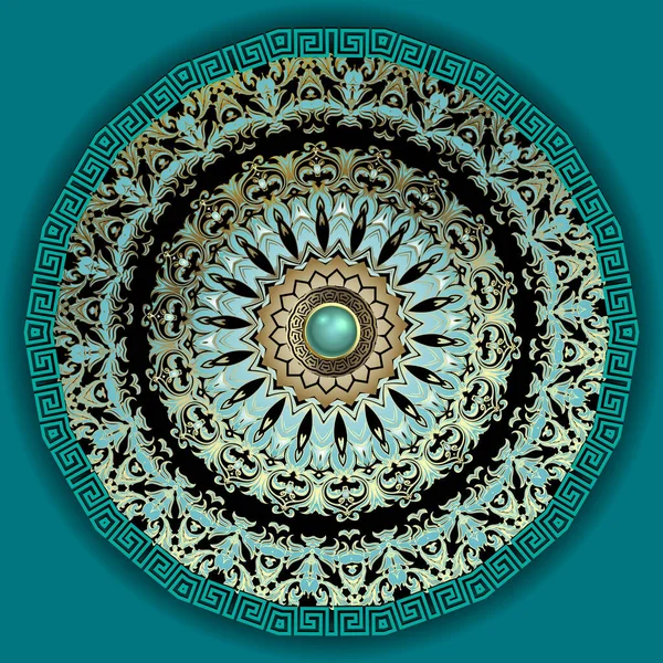 3d patrón mandala vector barroco. Joyas de lujo fondo turquesa. Marco griego redondo. gemas de superficie 3d. Clave griega meandros ornamento. Estilo barroco victoriano de diseño floral. Flores adornadas — Vector de stock