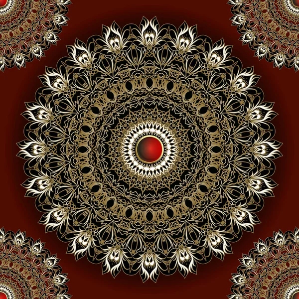 Blommig etnisk stil runda Mandalas seamless mönster. Vektor prydnad mörkröd bakgrund. Elegance Lacy Mandalas. Vackra blommor prydnader. Upprepa dekorativa utsmyckade bakgrund. 3D smycken design — Stock vektor