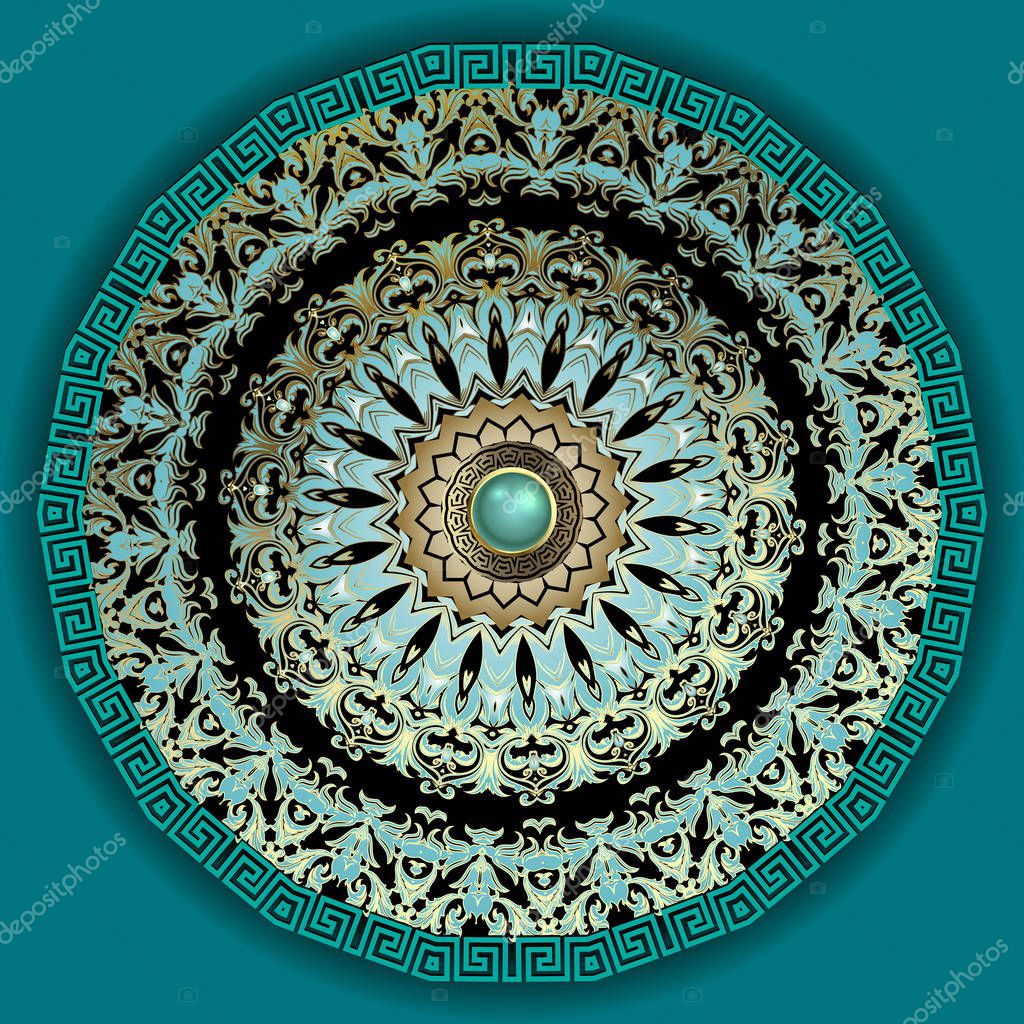 3d Baroque vector mandala pattern. Luxury jewelry turquoise background. Greek round frame. 3d surface gemstone. Greek key meanders ornament. Baroque victorian style floral design. Ornate flowers.