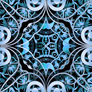 Blu Paisley vektör kusursuz desen. Renkli bir etnik köken. Lacy arka planı tekrarlıyor. Klasik desenli çiçekler, girdap çizgileri, şekiller. Soyut dekoratif dekoratif tasarım. Çiçek süslemeleri