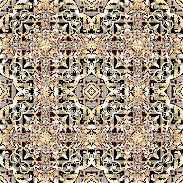 Baroque style floral vector seamless pattern. Abstract ornamental greek background. Repeat backdrop. Greek key meanders ornate colorful ornament with geometric shapes, vintage flowers, leaves, frames — 스톡 벡터