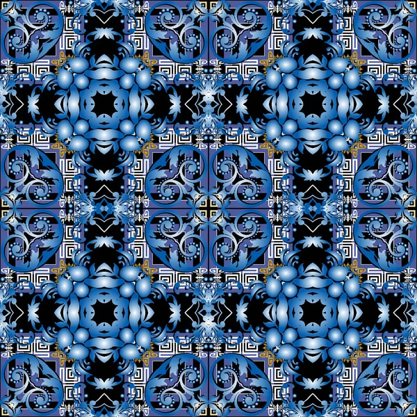 Barokke stijl bloemenblauwe vector naadloos patroon. Abstract decoratieve Griekse achtergrond. Herhaal de moderne achtergrond. Griekse sleutel meandert sierlijke ornament met geometrische vormen, vintage bloemen, bladeren — Stockvector