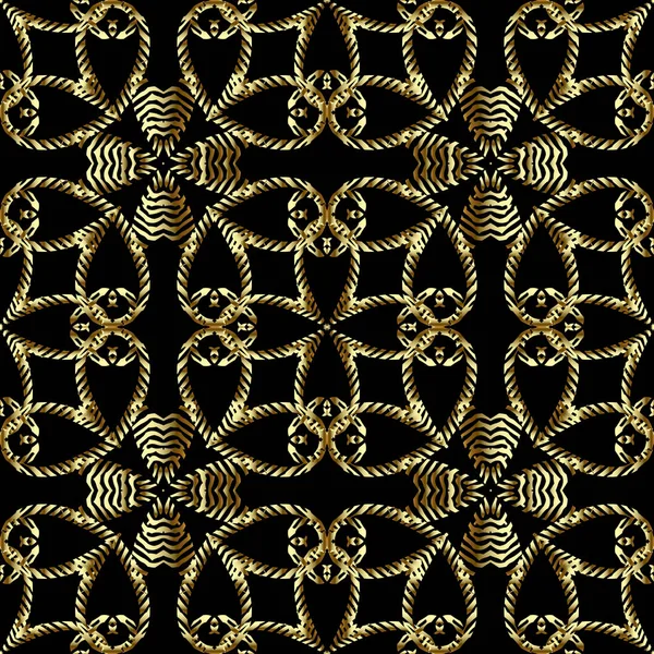 Texturált arany 3D arabeszk zökkenőmentes minta. Vektor díszítő faliszőnyeg háttér. Hímzés stílusú luxus csipke dísz. Ismételje meg az arany arab hátteret. OrNate modern hímzett végtelen textúra — Stock Vector