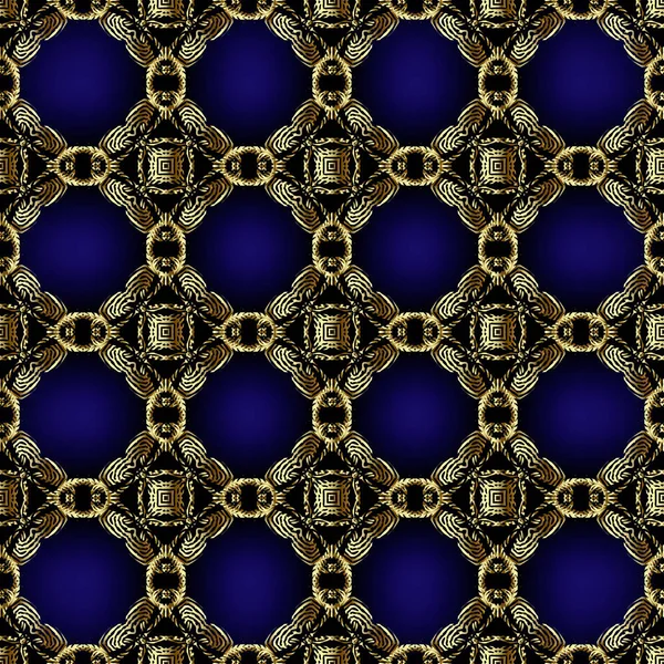 Texture modello waffle 3d oro senza soluzione di continuità. Sfondo arazzo ornamentale vettoriale. Ricamo stile lussuoso ornamento griglia. Ripetere blu scuro sfondo luminoso. Ornato moderna texture ricamata senza fine — Vettoriale Stock