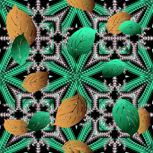 Leafy textured abstract 3d vector seamless pattern. Floral ornamental ethnic tribal background. Geometric repeat backdrop. Beautiful ornament. Decorative design. Geometric shapes, flowers, leaves — Stock Vector