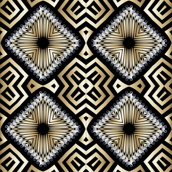 Modèle sans couture de style vectoriel floral grec. Origine ethnique tribale ornementale de surface. Répétez le décor orné. Grunge 3d fleurs texturées. Clé grecque serpente ornement. Formes géométriques, vagues — Image vectorielle