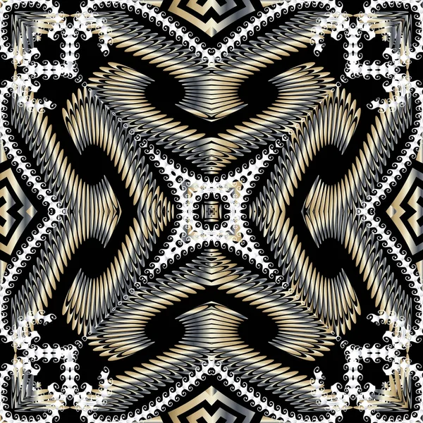 Grecki teksturowany abstrakcyjny wektor 3D bezszwowy wzór. Kwiaty ozdobne etniczne tło plemienne stylu. Geometryczne tło powtarzające. Piękna ozdoba. Ozdobny design. Kształty geometryczne, kwiaty — Wektor stockowy