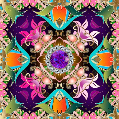 Mücevher desenli Paisley çiçekleri. Renkli, ışıl ışıl bir arka plan. Klasik dantel desenli çiçekler, yapraklar, menekşe değerli taşlar, parlak, elmaslar. Dekoratif arkaplanı tekrarla. Lüks süsler