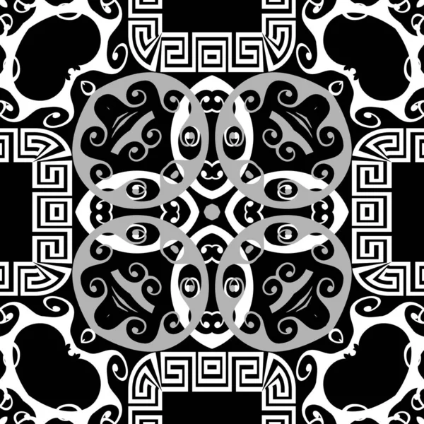 Monochrome Griekse vector naadloos patroon. Ornamentele Arabische achtergrond. Herhaal decoratieve achtergrond. Sierlijke Griekse sleutel meandert ornament. Mooi abstract design. Draaikolken, golflijnen, frame — Stockvector