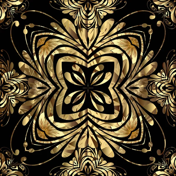 Vintage estilo barroco vector de oro patrón sin costuras. Fondo moderno floral ornamental. Hermoso adorno simétrico elegancia con flores, hojas, mandalas. Textura dorada interminable estampada — Vector de stock