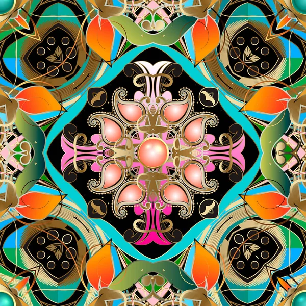 Πολύχρωμο διάνυσμα Paisley αδιάλειπτη μοτίβο. Διακοσμητικά λουλούδια έθνικ φόντο. Κοσμήματα επαναλαμβανόμενο περίτεχνο σκηνικό. 3d πολύτιμους λίθους, δαντέλα λουλούδια, φύλλα, γραμμές, σχήματα, κύκλους. Στολισμοί Arabesque — Διανυσματικό Αρχείο