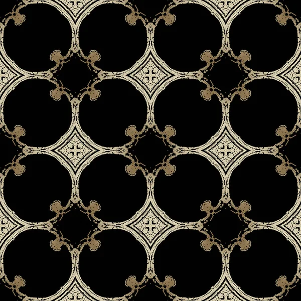 Tapiz arabesco vector patrón sin costura. Fondo de encaje floral colorido. Bordado formas abstractas, adornos árabes grunge eclosionados. Bordado textura áspera sin fin. Diseño ornamentado vintage — Vector de stock