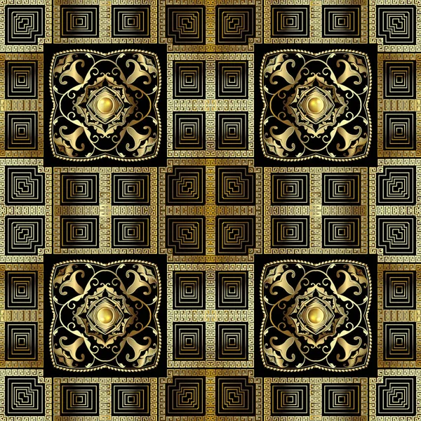 Vintage goud 3d Griekse vector naadloos patroon. Barokke Damast of — Stockvector