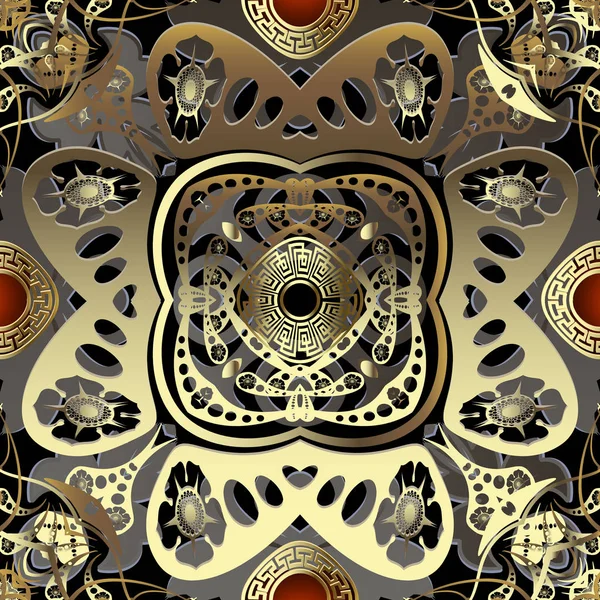 Goud 3D bloemen naadloos patroon. Griekse etnische stijl ornamentale luxe achtergrond. Golden Paisley bloemen, bladeren, geometrische vormen, gaten, lijnen. Griekse sleutel meandert mandala ornamenten. Herhaal ontwerp — Stockvector