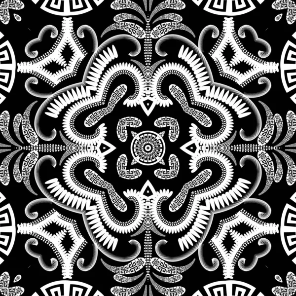 Bloemen Griekse vector naadloos patroon. Paisley bloemen achtergrond met griekse sleutel meander ornament. Modern arabesk ontwerp. Herhaal zwart witte achtergrond. Geometrische vormen, bloemen, bladeren, liefdesharten — Stockvector