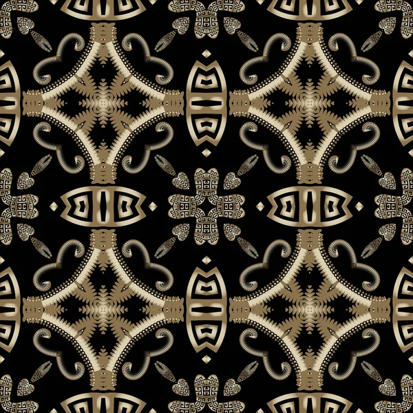 Bloemen Griekse vector naadloos patroon. Paisley bloemen achtergrond met griekse sleutel meander ornament. Modern arabesk ontwerp. Herhaal Arabische stijl achtergrond. Geometrische vormen, bloemen, bladeren, lijnen — Stockvector