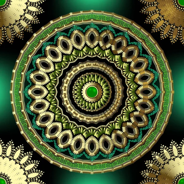 Jewelry 3d vector seamless mandala pattern. Ornamental luxury glowing background. Floral vintage gold green flower lace ornament with gemstone. Circle greek key meander frames. Beautiful design — 스톡 벡터