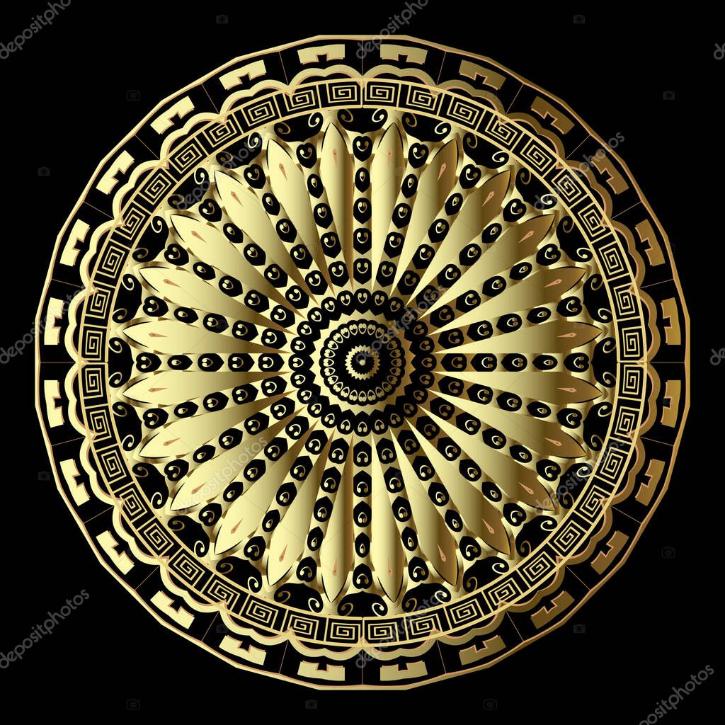 Gold tribal 3d vector mandala pattern. Luxury background. Greek key meander ethnic style floral mandala ornament. Frame. Border. Geometric ornate design. Abstract flower. Wave lines, circles, shapes.